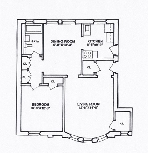 Floor plan for 1 bed, 1 bath, 731 sqft